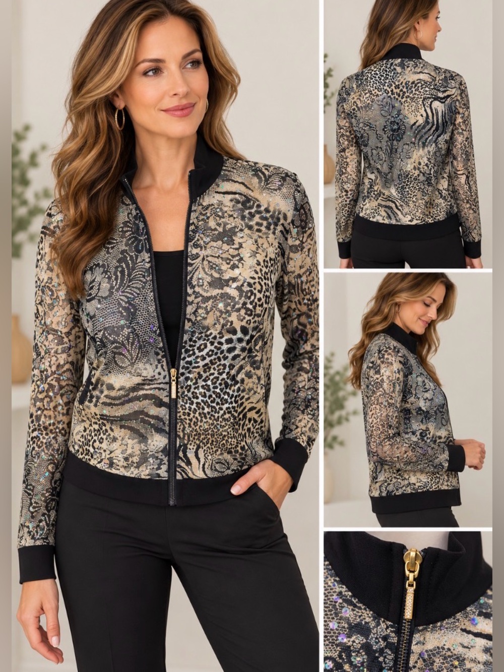 Vintage Joseph Ribkoff Black & Cream animal print zip up top